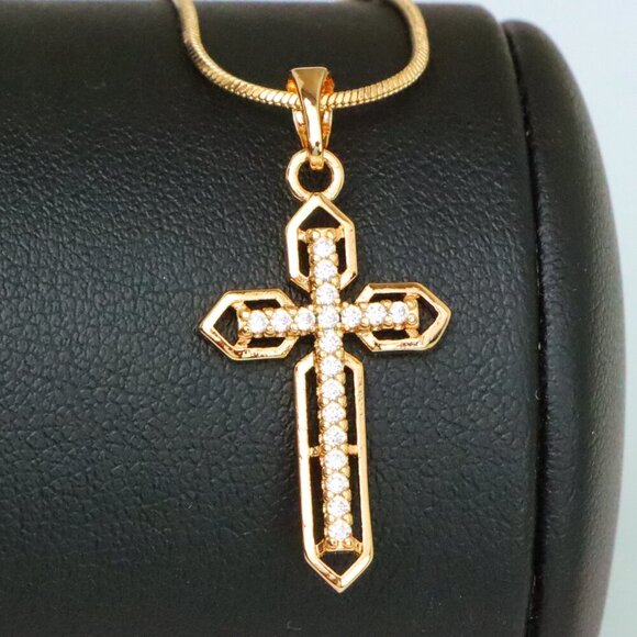 "Rose Gold Cross Pendant with CZ Stones and Pointed Edges Design, XPPT1845 - Picture 1 of 13